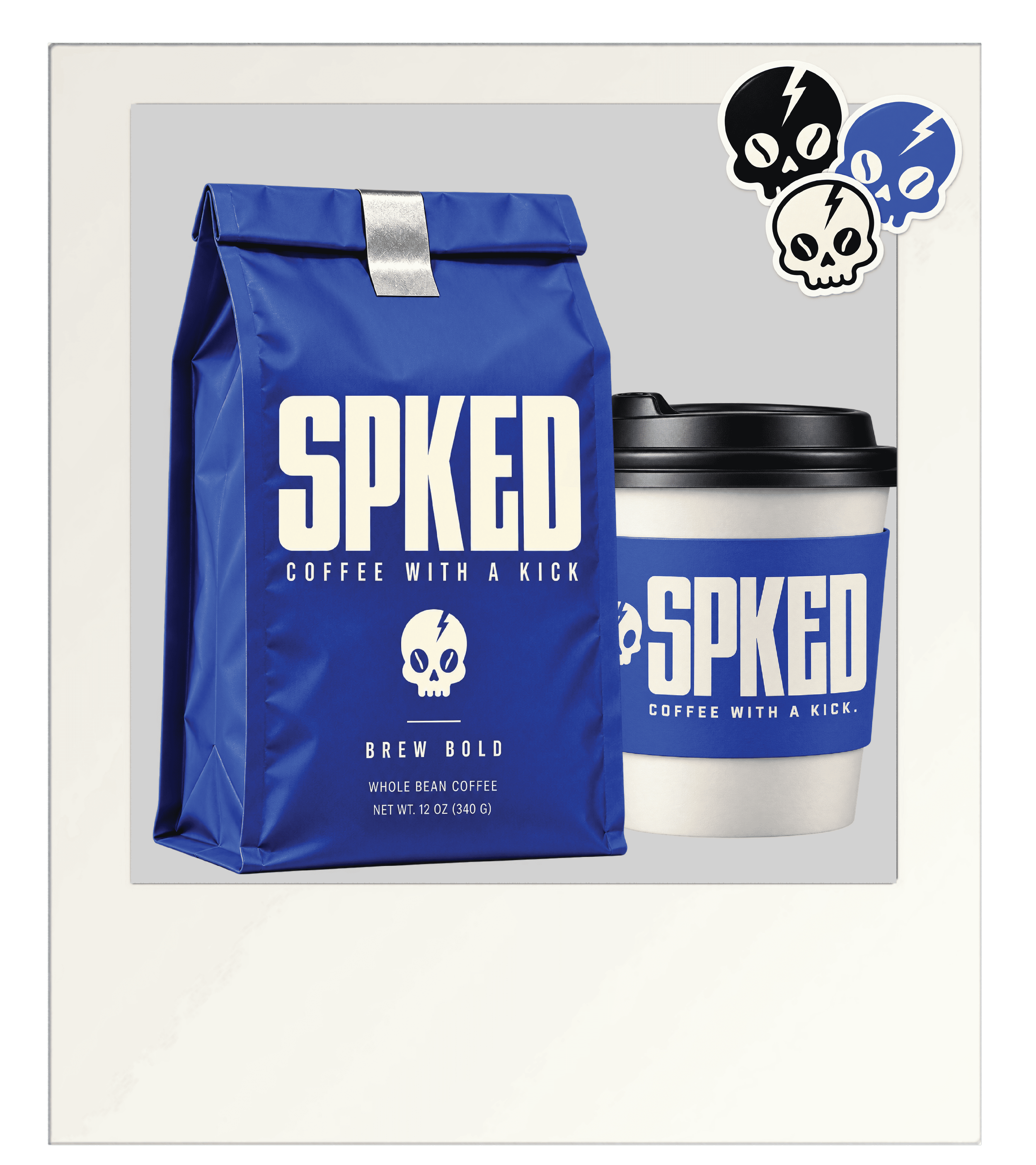 spked coffee branding on blue coffee bag and cup with skull stickers