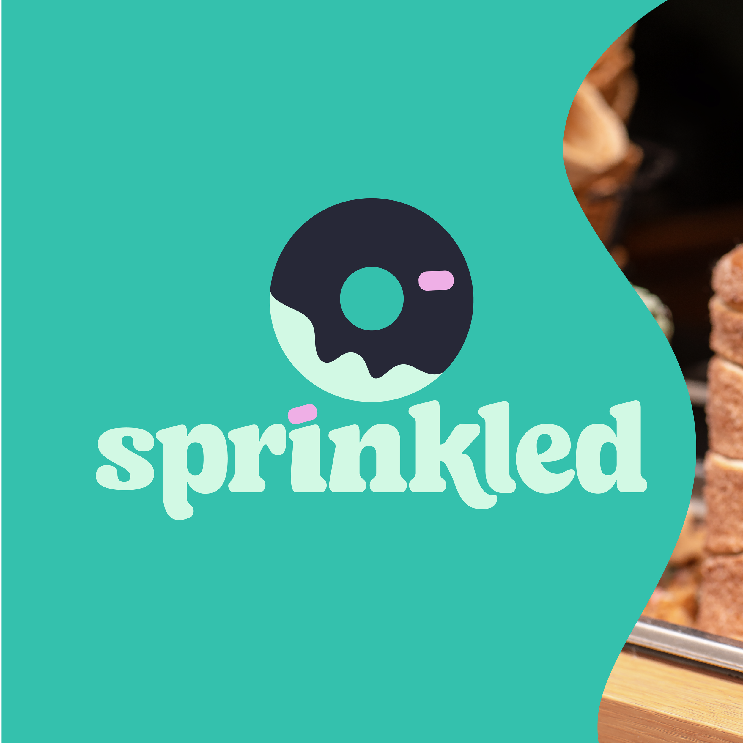 sprinkled branding text with donut logo icon
