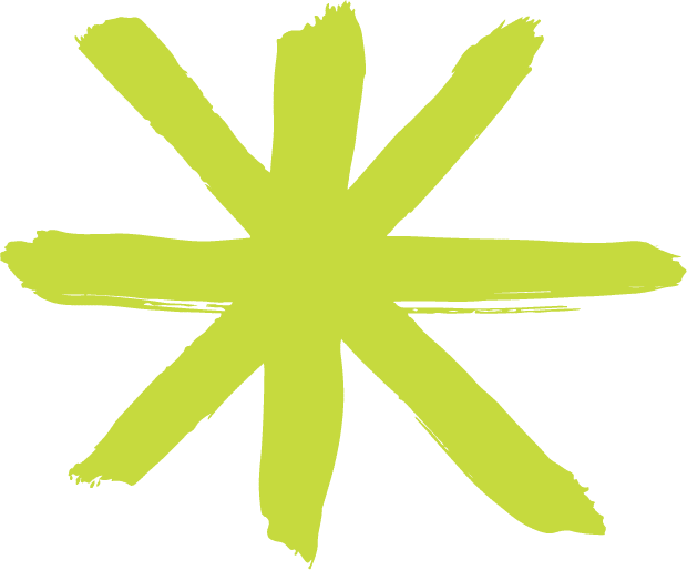 Bright green abstract star shape with uneven brush strokes on a black background.