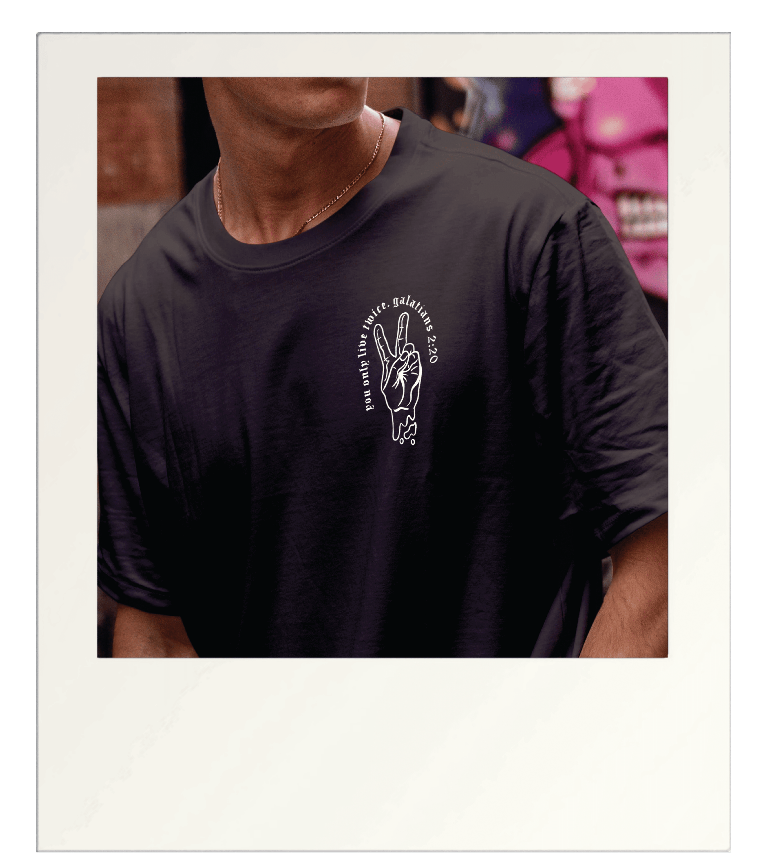 t-shirt pocket fingers peace sign with text only lie twice