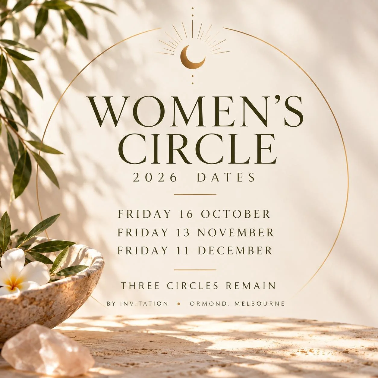 ⭕️ Three Women&rsquo;s Circles left for 2026

There are just three more opportunities to gather in Circle before we close out the year.

✨ Friday 16 October
✨ Friday 13 November
✨ Friday 11 December

Each Circle is different, shaped by the season, th