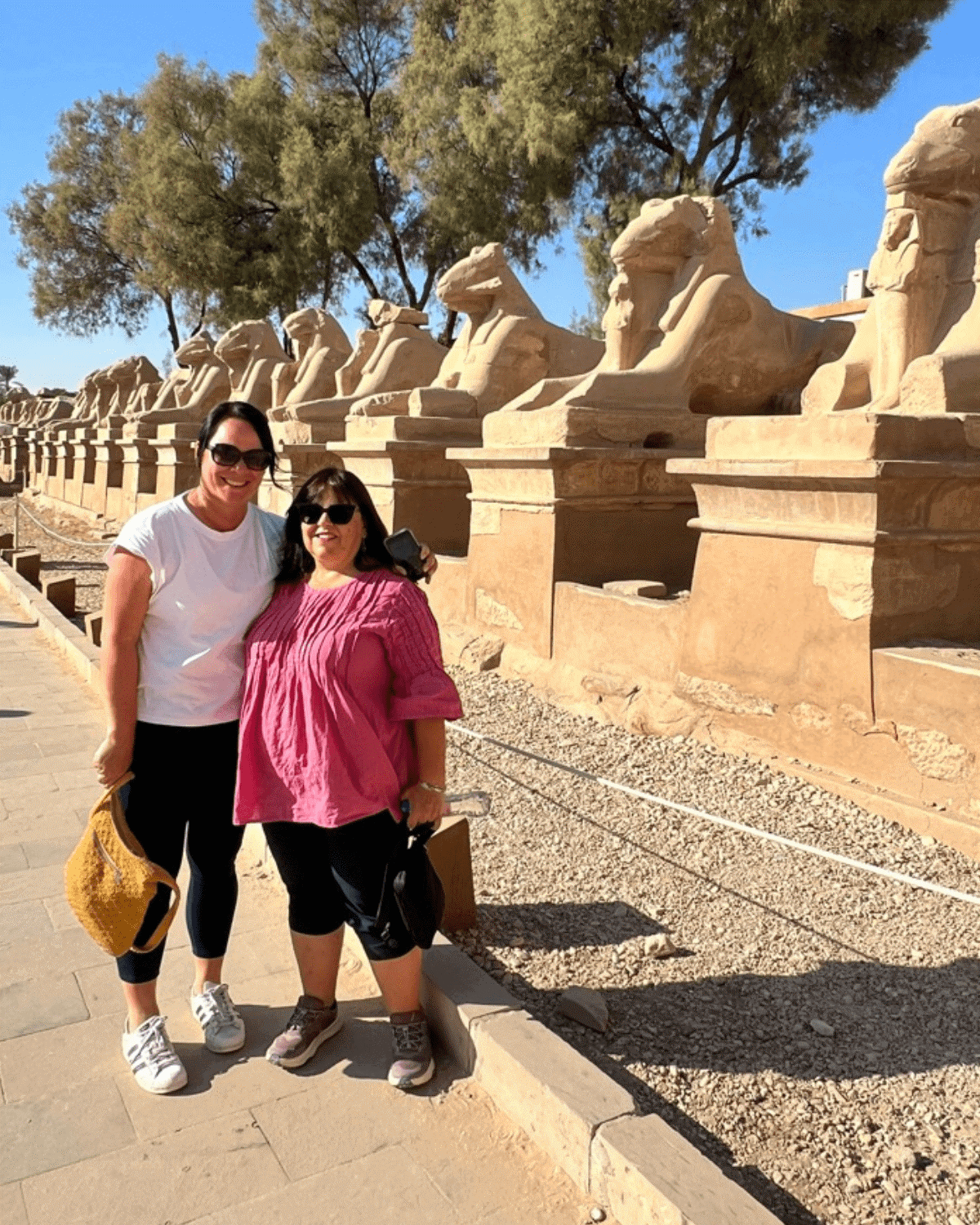 Two women standing outdoors near ancient Egyptian sphinx statues, smiling, with trees and clear blue sky in background.