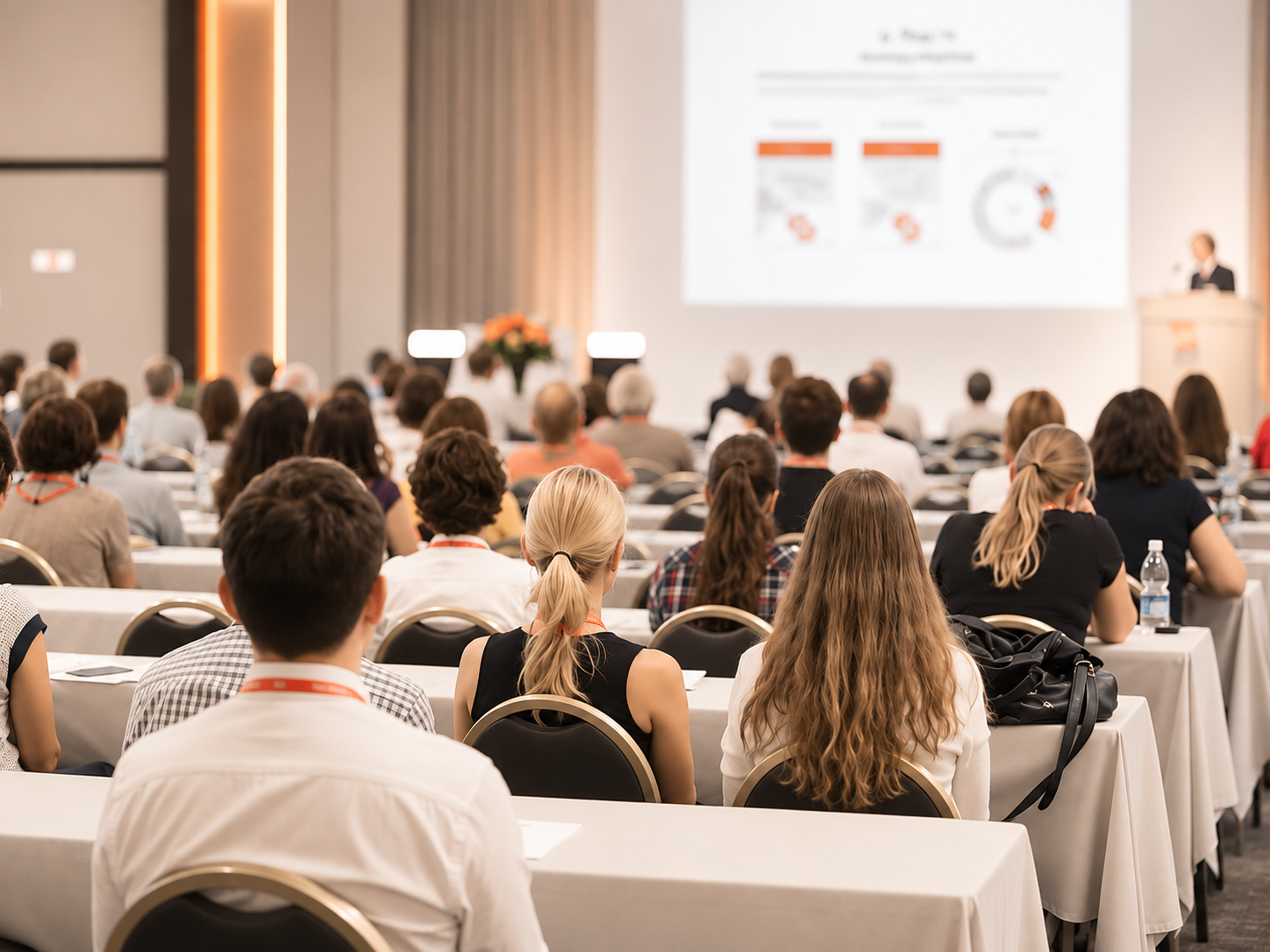 Menschen sitzen in einem Konferenzraum und hören einem Vortrag zu, während eine Präsentation auf einem Bildschirm im Hintergrund angezeigt wird.
