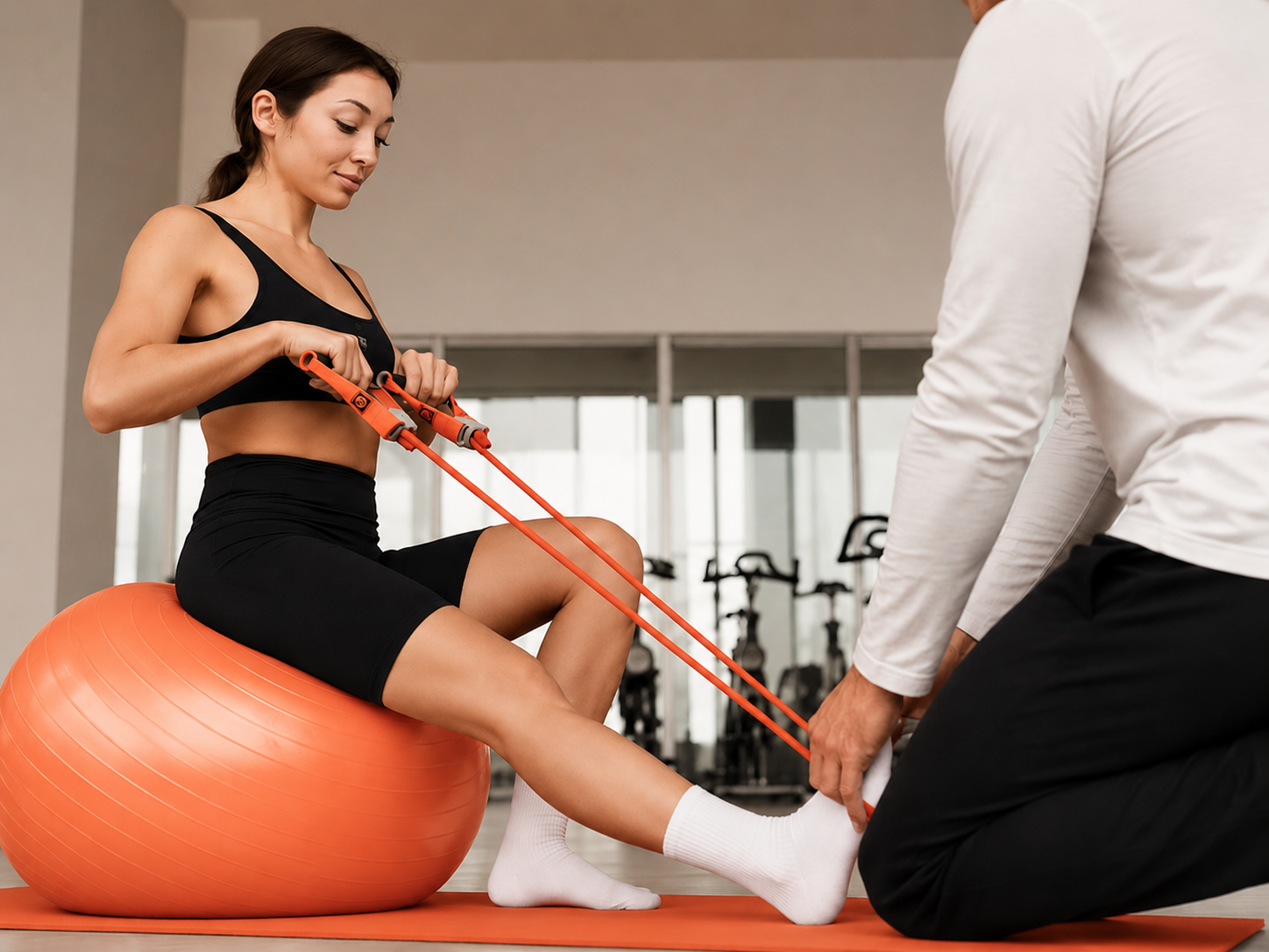 Eine junge Frau in einer Physiotherapie im Fitnessstudio, während sie auf einem Sitzball sitzt und mit Widerstandsbads an den Beinen trainiert, und von einem Therapeuten unterstützt wird.