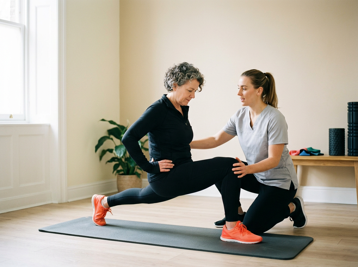 Eine Physiotherapeutin hilft einer älteren Frau, eine Übung auf einer Gymnastikmatte im Fitnessstudio durchzuführen.