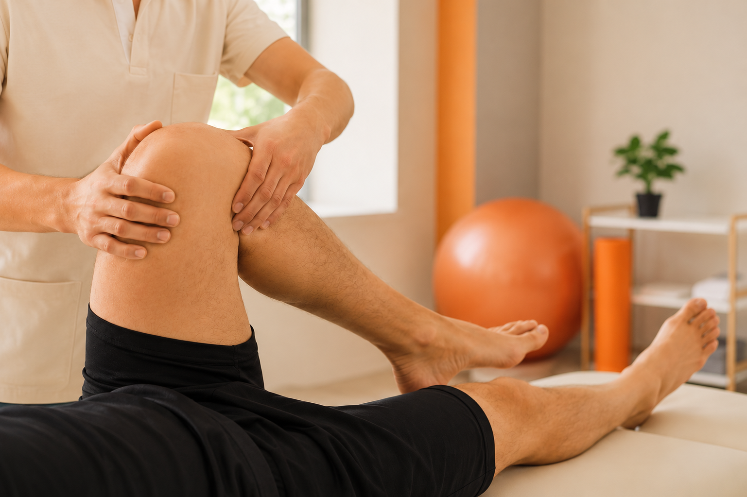 Physiotherapeut bewegt das Bein eines Patient im Therapieraum