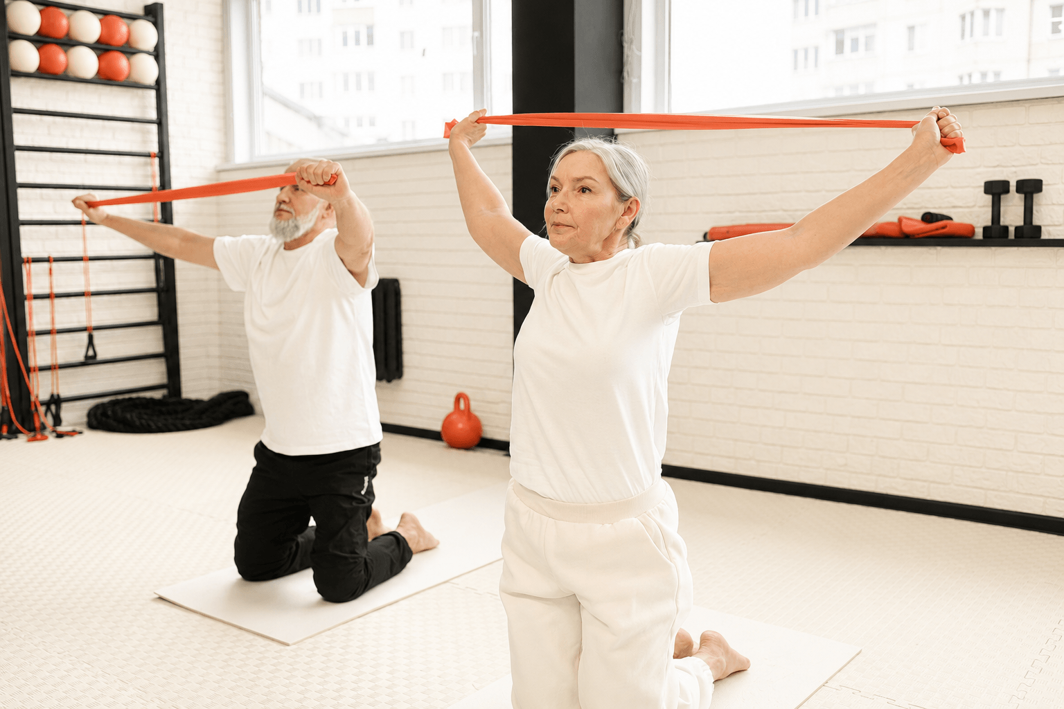 Ältere Menschen machen Yoga-Übungen mit Widerstandsbändern in einem Fitnessstudio.