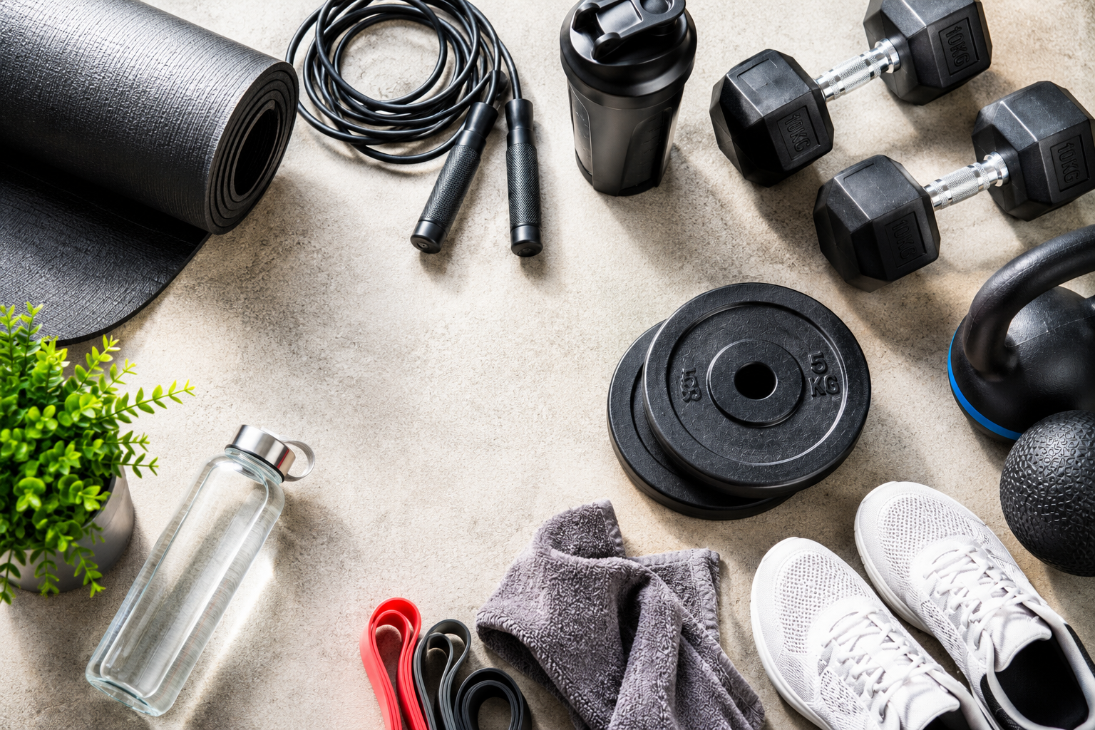 Fitness equipment including dumbbells, resistance bands, kettlebell and training accessories for strength and conditioning.