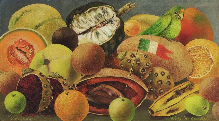 Still life painting of various fruits including melon, peach, apple, orange, banana, and a small Italian flag, with a green parrot perched on a fruit.