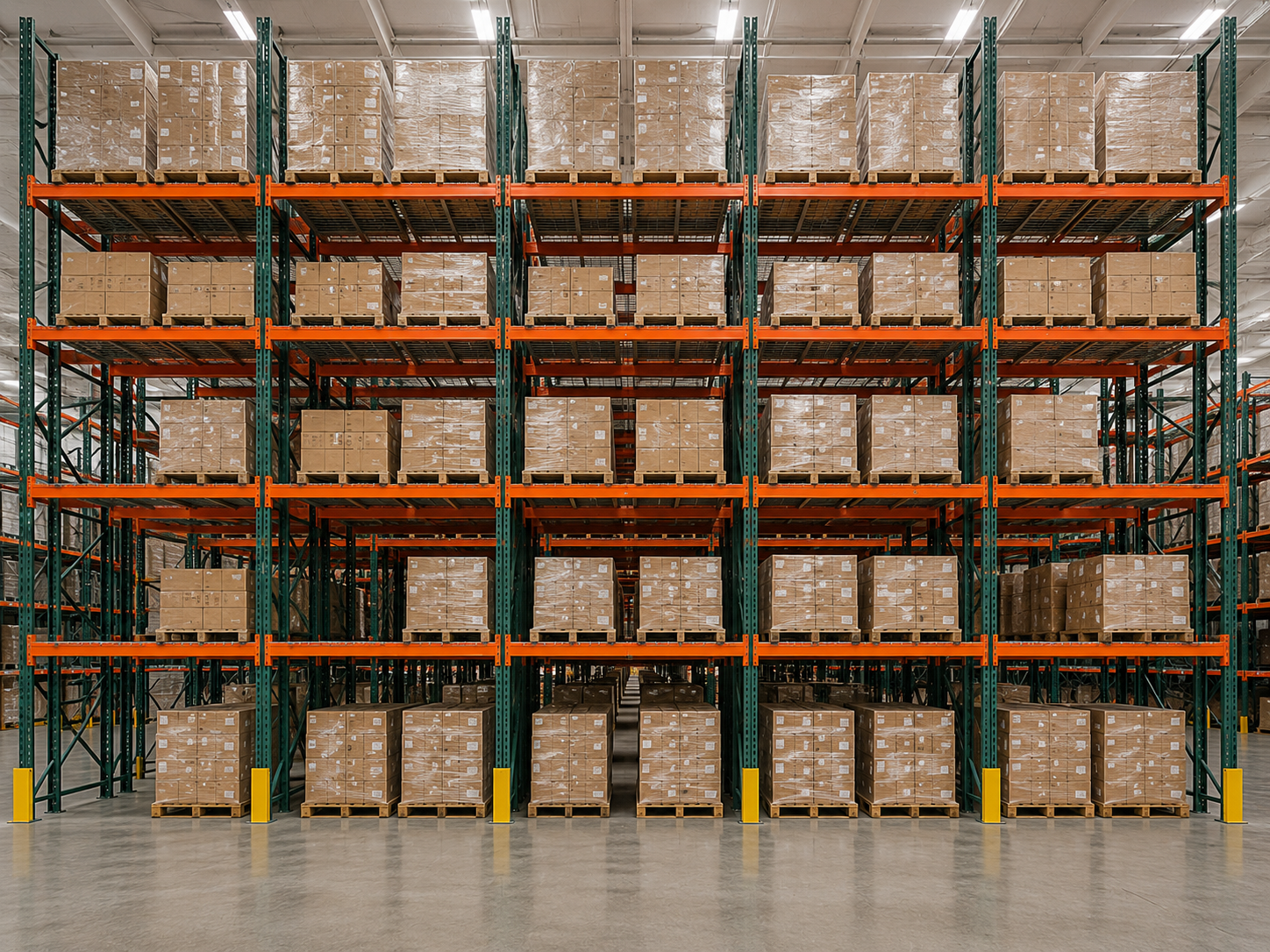 Estantes con cajas de cartón apiladas en un almacén industrial