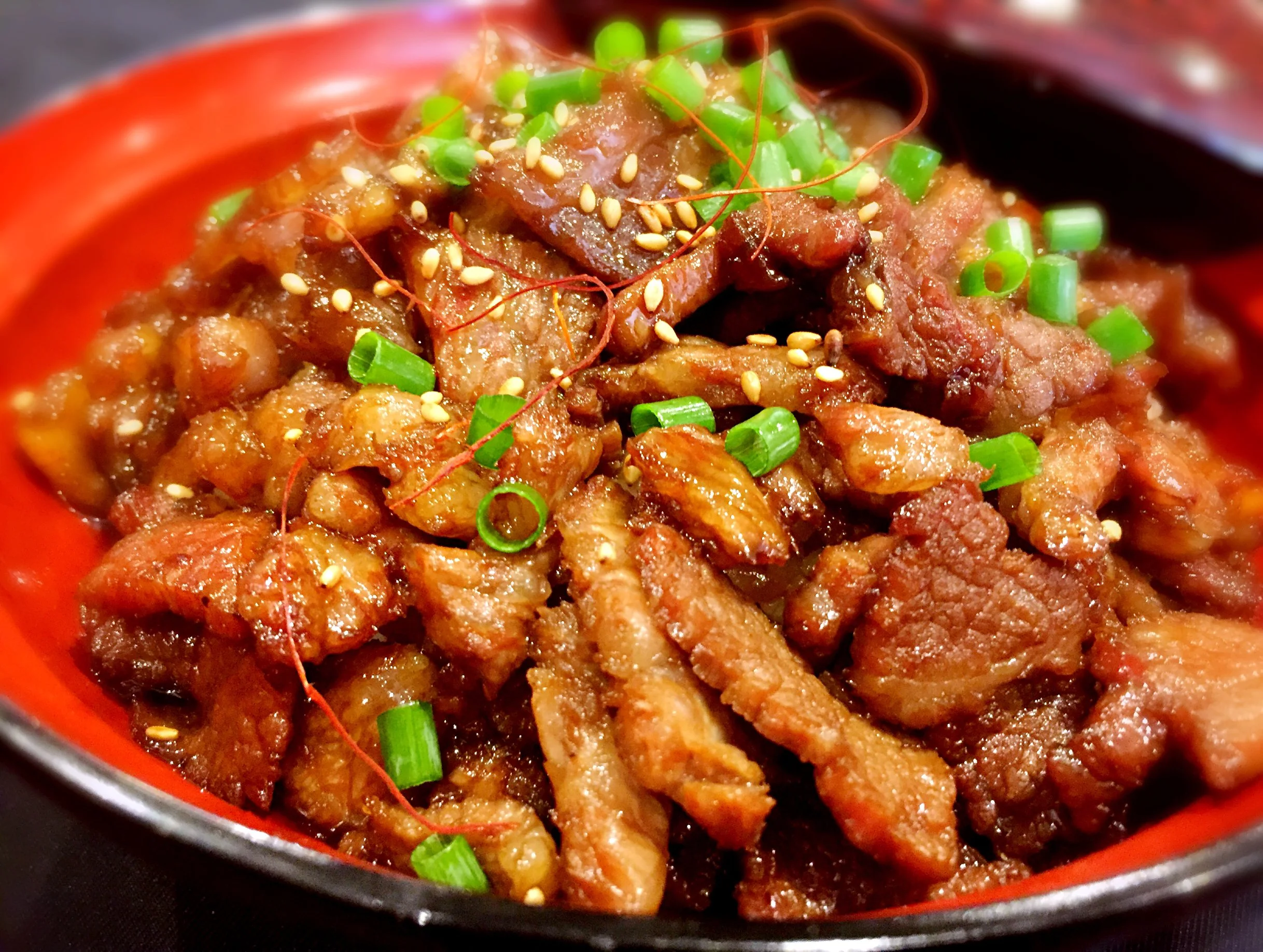 香菜、ネギ、白ごまをトッピングした肉料理の盛り付け画像