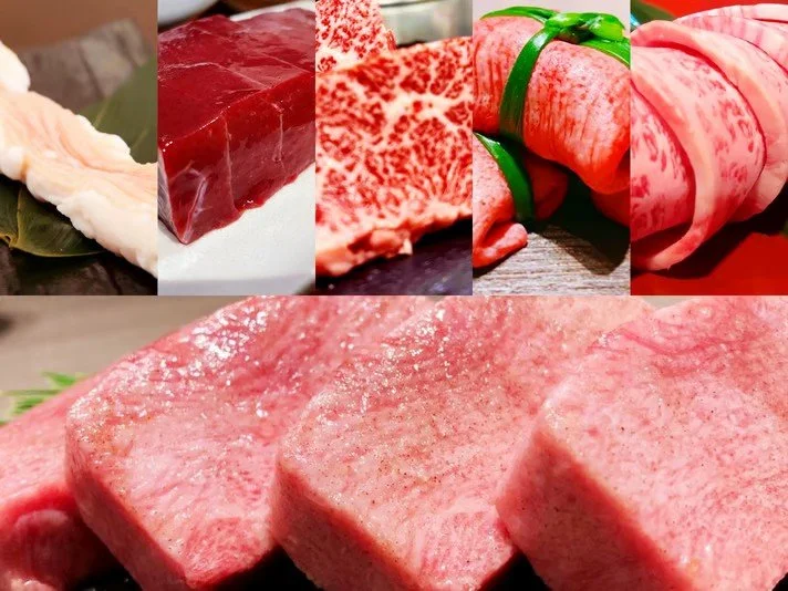 さまざまな種類の高級牛肉の薄切りと塊肉