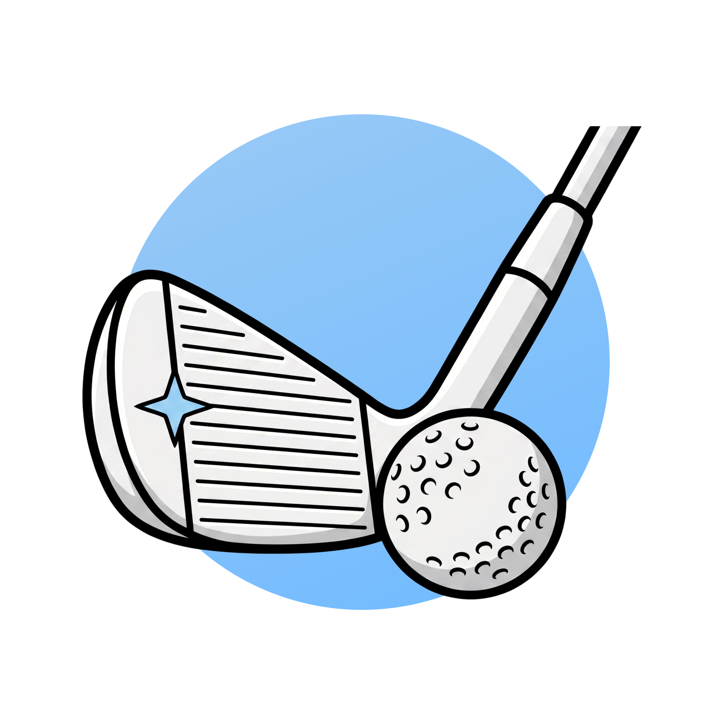 Illustration of a golf club, golf ball, golf hole, and golf tee on a blue background.