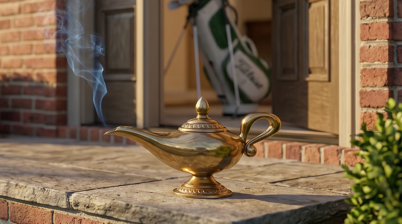 A brass magic lamp with smoke rising from its spout, placed on a stone surface outside a house with a brick wall and a golf bag in the background.