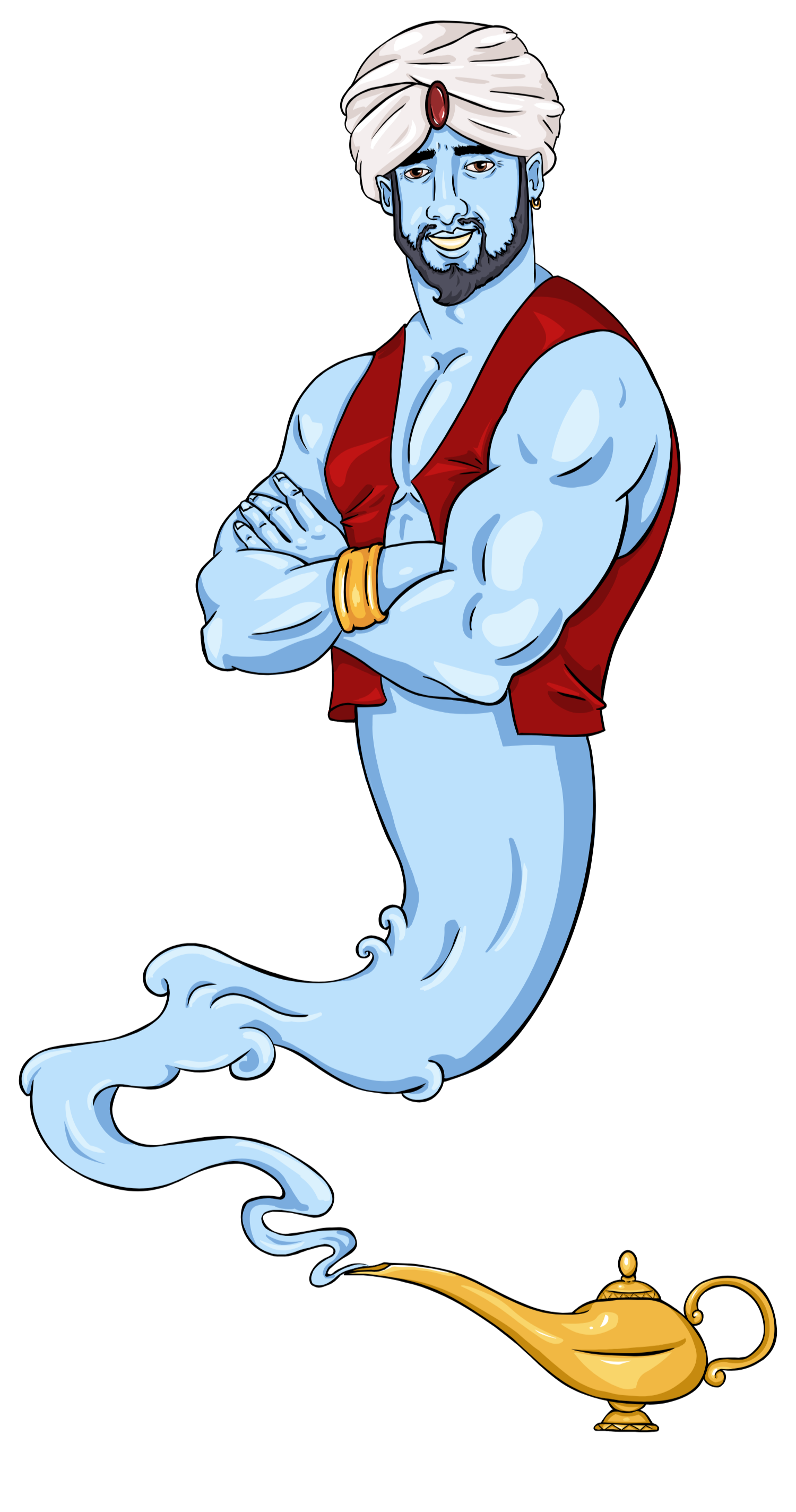 A blue genie with a beard, wearing a white turban with a red jewel and a red vest, emerging from a golden magic lamp, with arms crossed and a friendly smile.