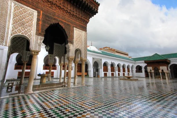 Handcrafted Zellige tiled courtyard at Al-Qarawiyyin, Fez, Morocco