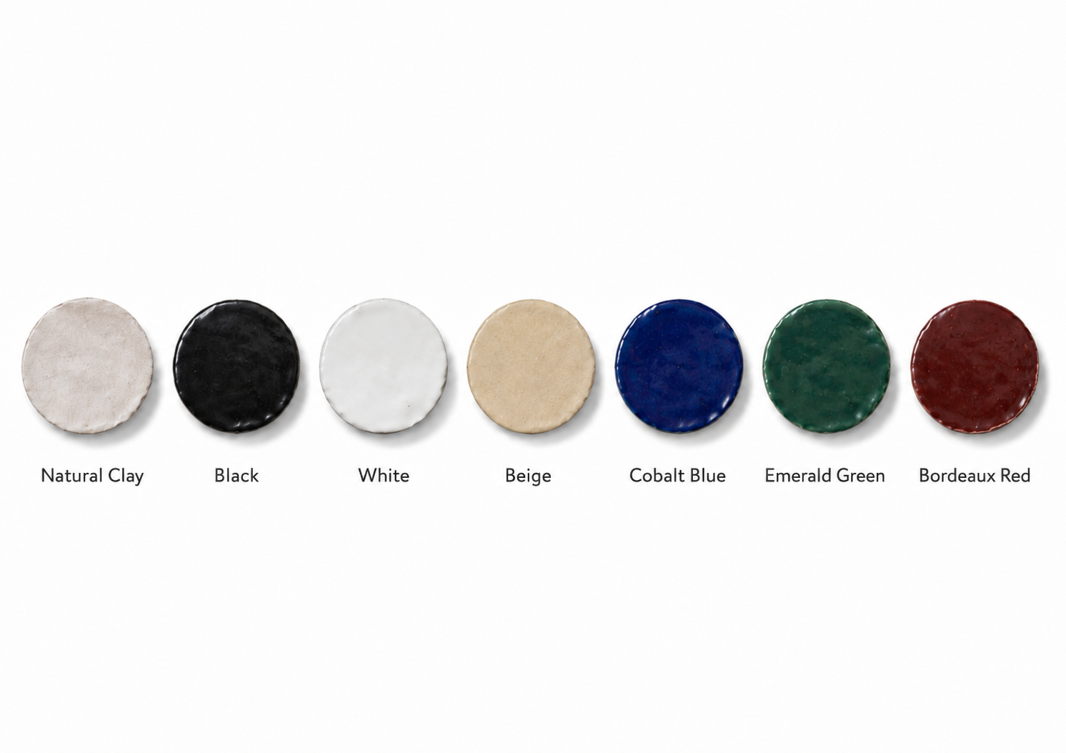 Clay tile color range: Natural, Black, White, Beige, Cobalt Blue, Emerald Green, Bordeaux Red