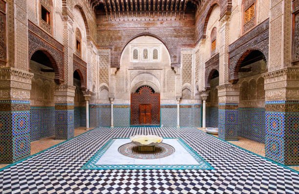 Intricate Zellige tilework and carved arches at Ben Youssef Madrasa