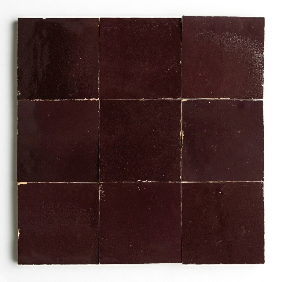 Bordeaux red ceramic Zellige tiles, handcrafted in Fez