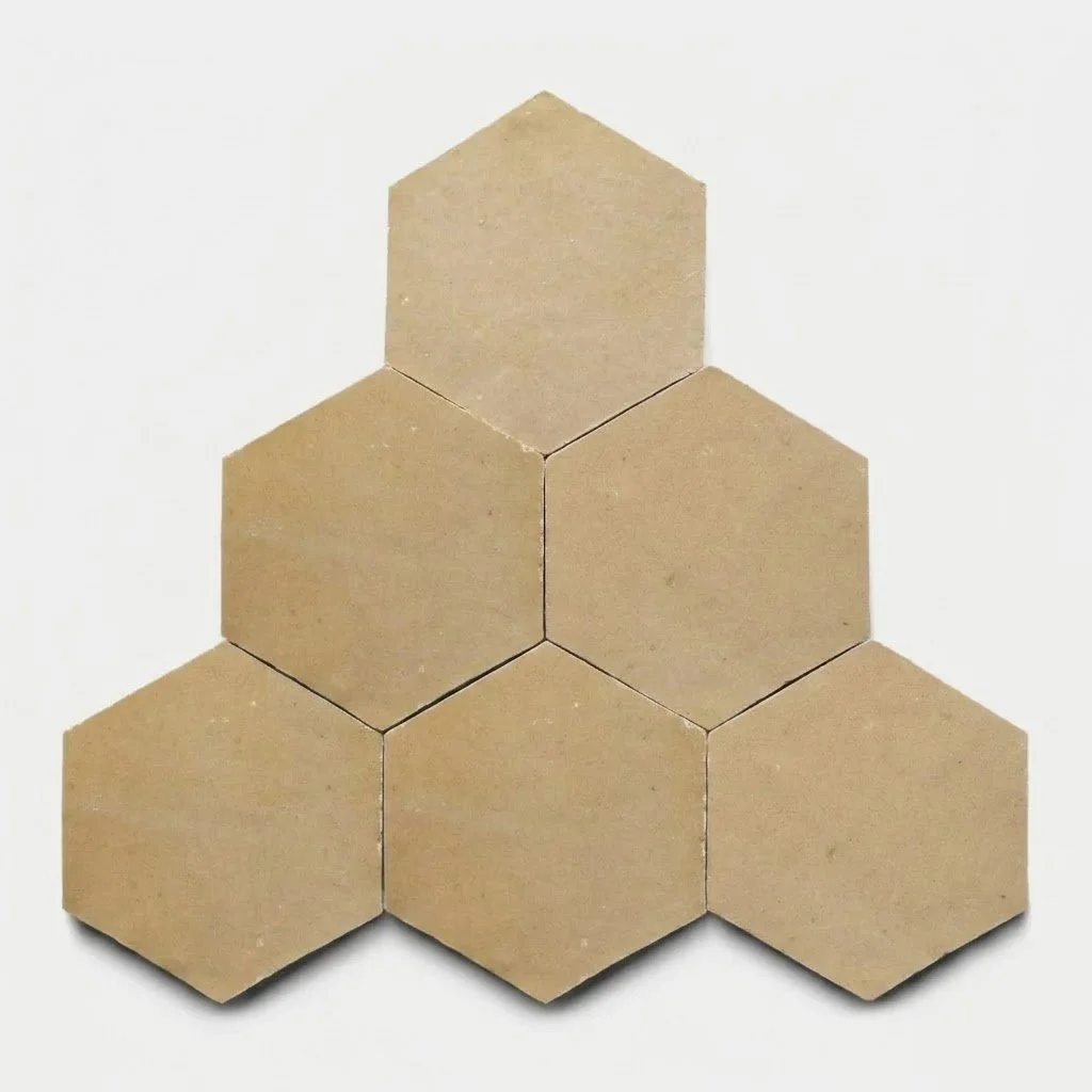Beige hexagonal Tomette tiles, handmade in Fez, Morocco