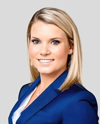 Professional woman with blonde hair, blue eyes, wearing a blue blazer and white shirt, smiling for a portrait.