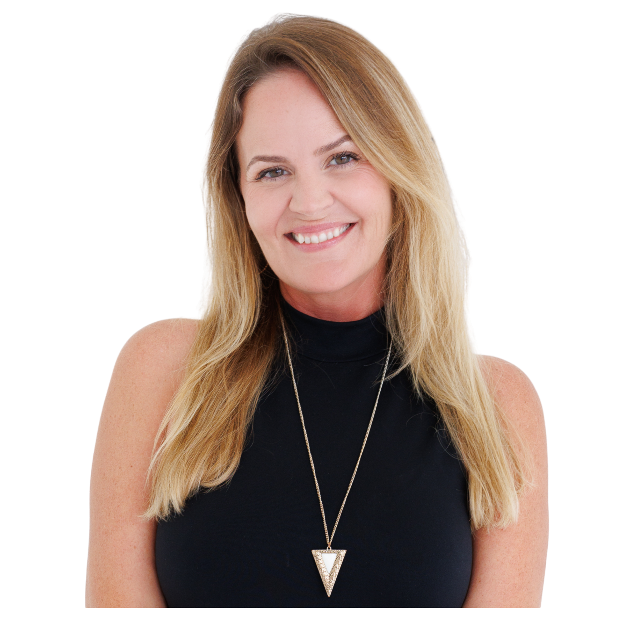 Close-up of a woman with long blonde hair, smiling, wearing a black sleeveless top and a long necklace with a large triangular pendant.