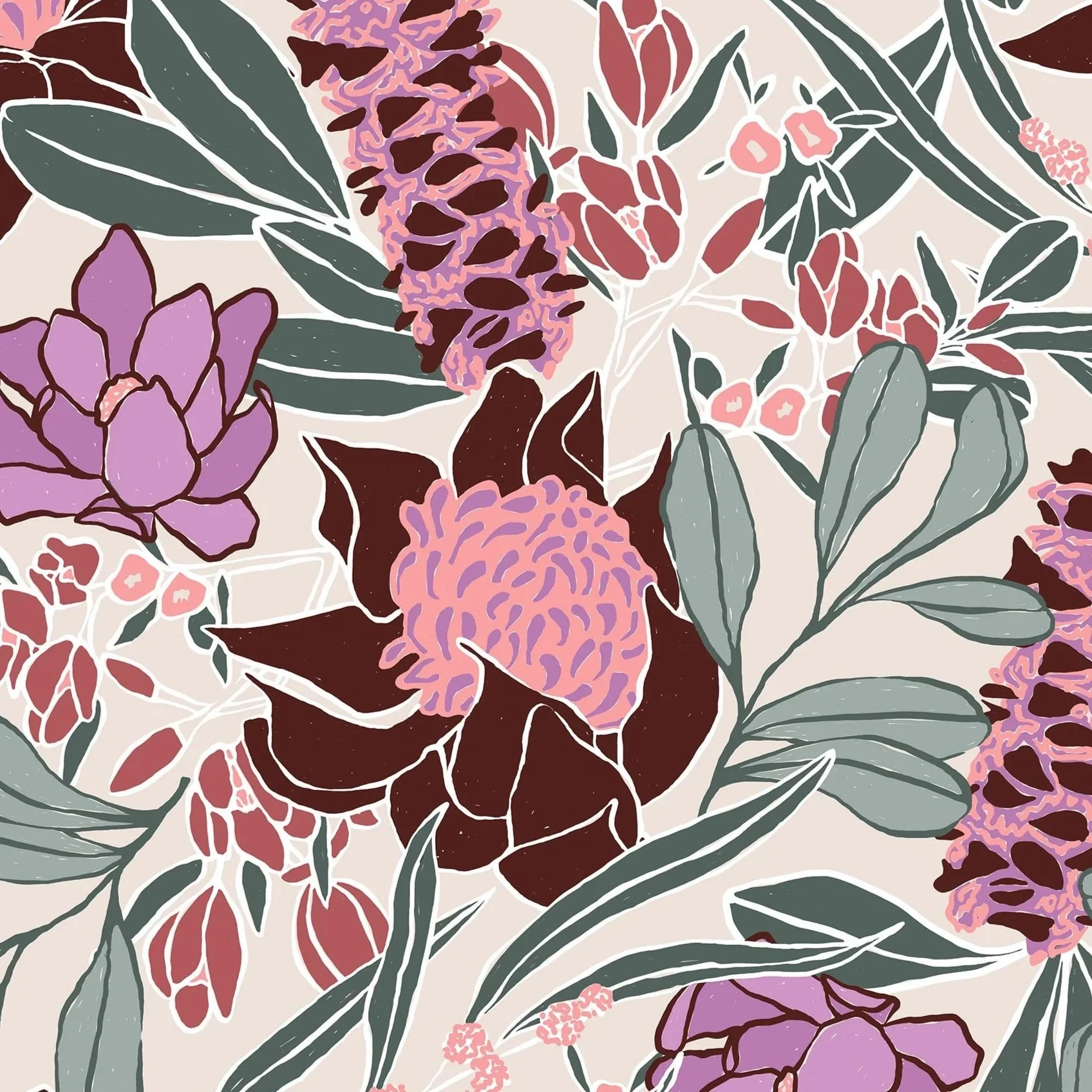 Abstract floral pattern illustrating various botanical elements like waratah flowers, leaves, branches, flowers, and banksia seed pods in shades of purple, pink, green, and brown on a light background.