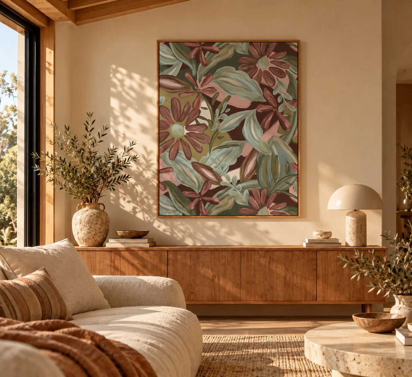 Living room with beige sofa, wooden console, large abstract floral painting, potted plants, and natural sunlight.