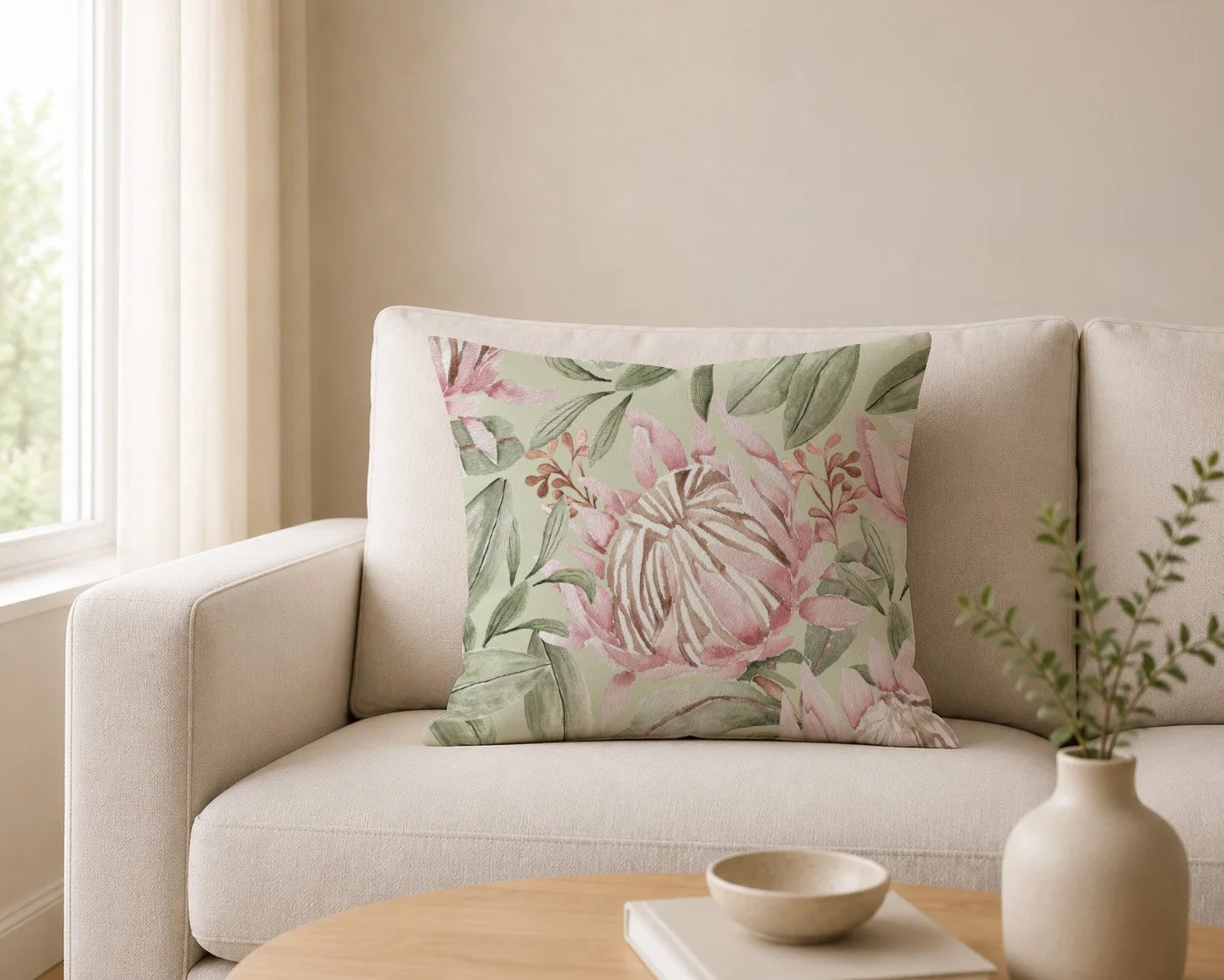 Living room with beige sofa, floral decorative pillow, small white vase with green leafy plant, and a coffee table with a book and a bowl.