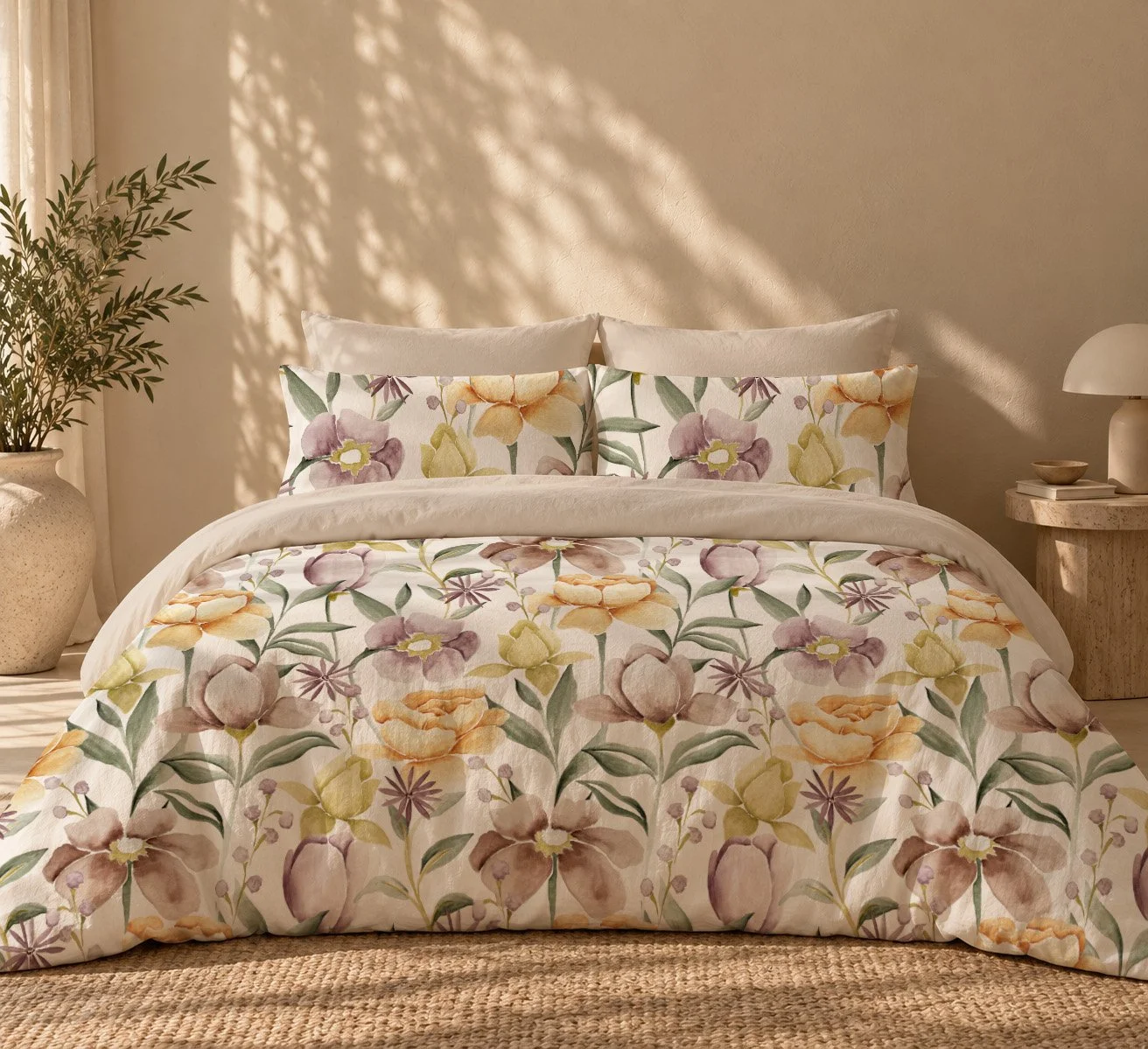 A bed with floral bedding and pillows in a sunlit room, with a plant on the left and a bedside table with a lamp on the right.