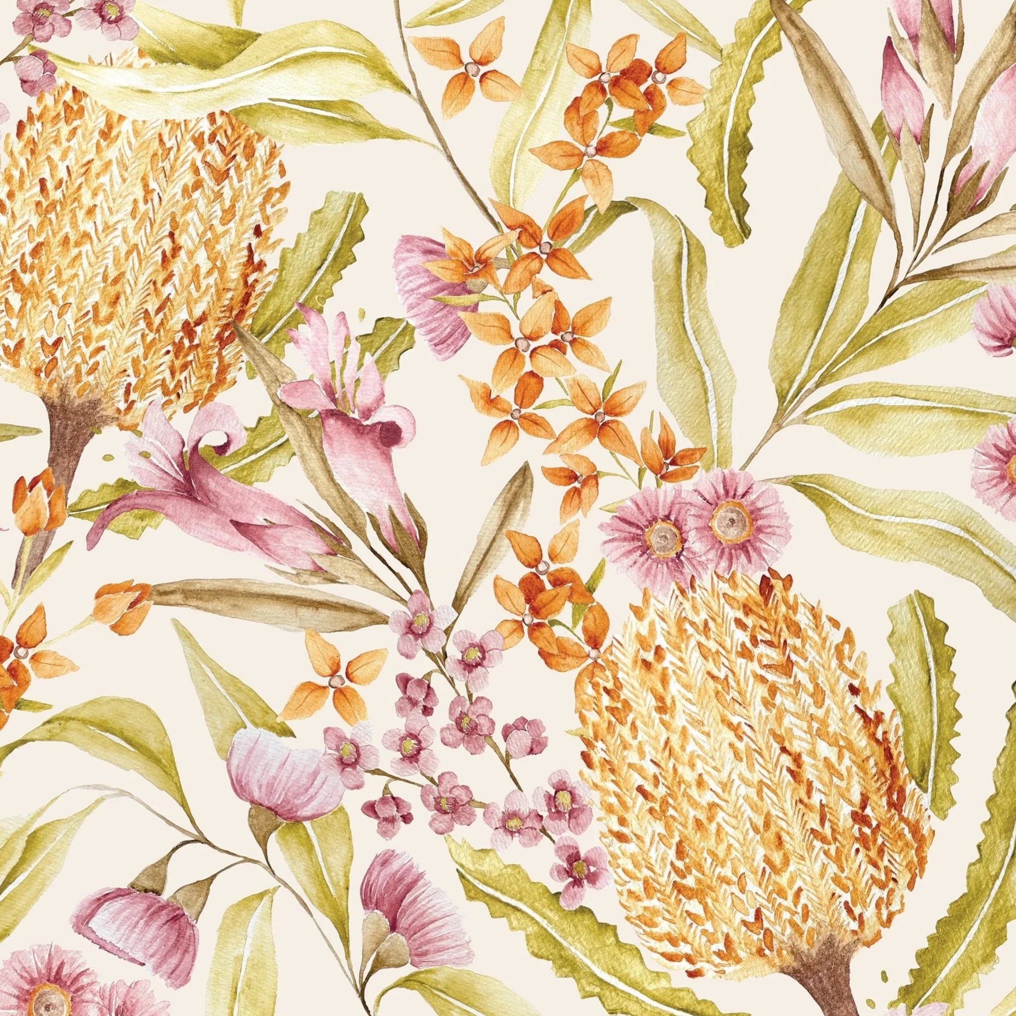 Watercolor painting of various Australian native plants and leaves in soft pastel shades of orange, pink, green, and cream.