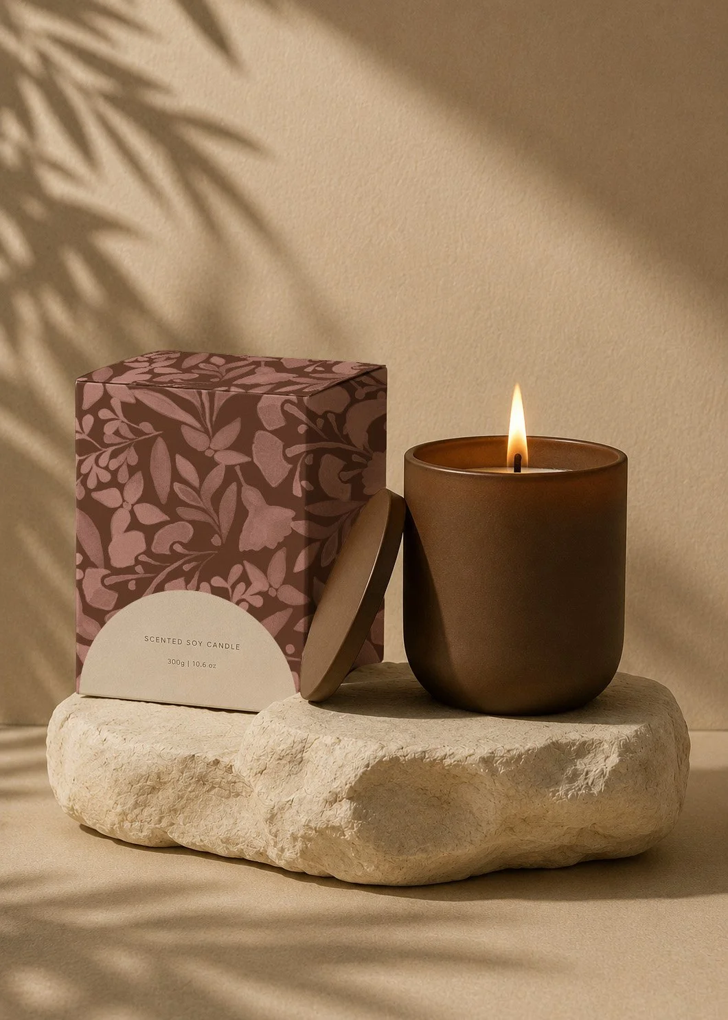 A lit scented soy candle in a brown matte container next to a decorative box with a pink floral pattern, placed on a white textured stone slab with shadows and a beige background.