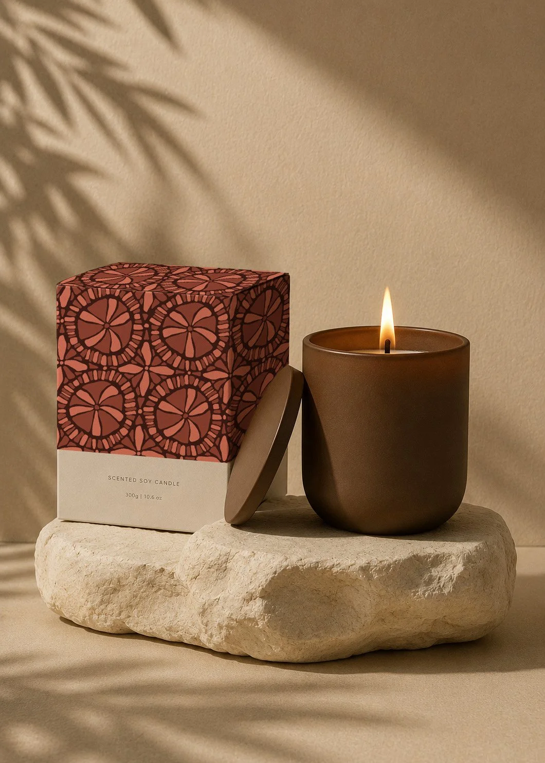 A lit scented soy candle in a matte brown container on a textured white stone. Next to it is a decorative box with a floral pattern and a lid leaning against the candle, all resting on a beige surface with shadowy patterns of a plant's leaves cast on the wall behind.