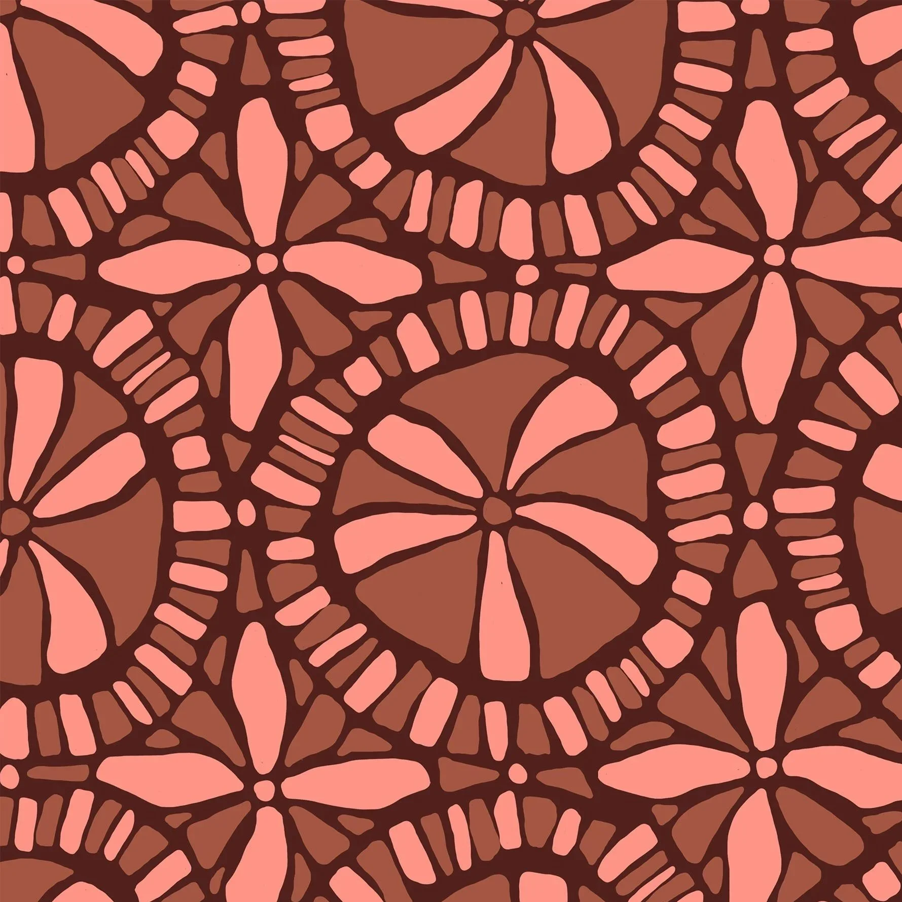 A colorful, intricate pattern with a combination of pink, brown, and dark lines creating interconnected geometric shapes resembling flowers and abstract designs.