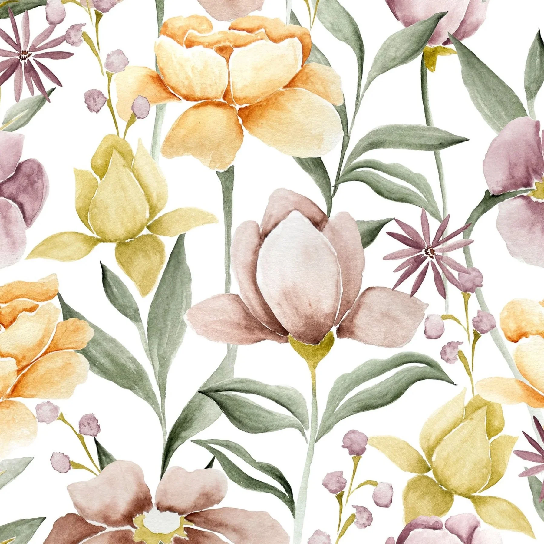 Watercolor floral pattern with various pastel-colored flowers and green leaves.