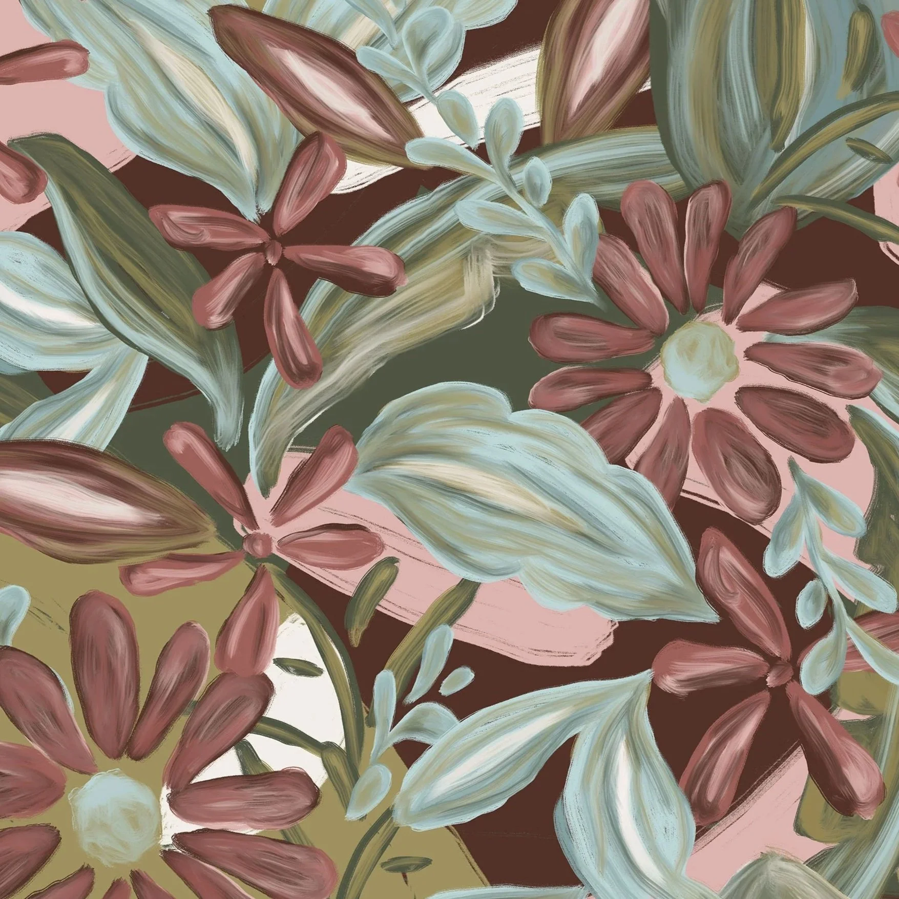 A floral pattern with large, abstract flowers and leaves in shades of pink, green, brown, cream, and blue, painted in a loose, expressive style.