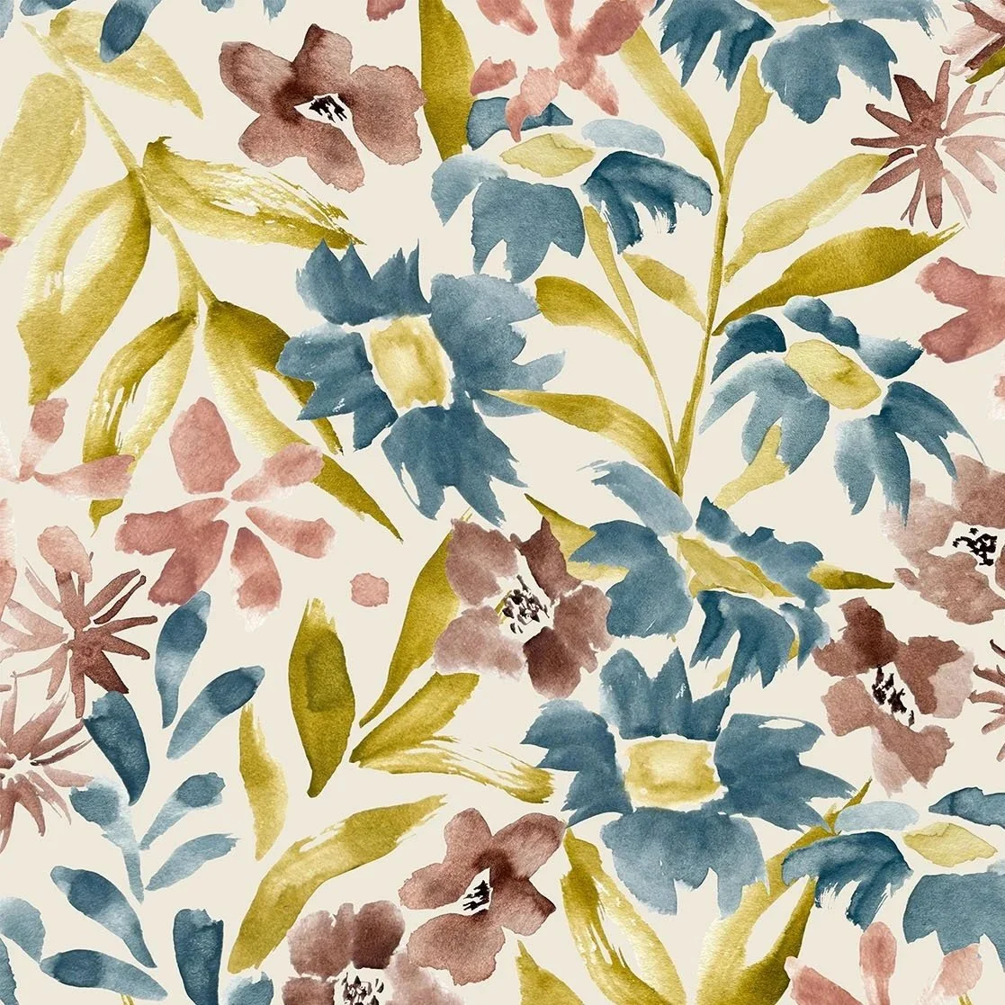 Watercolor floral pattern with pink, blue, and green leaves and flowers on a light background.