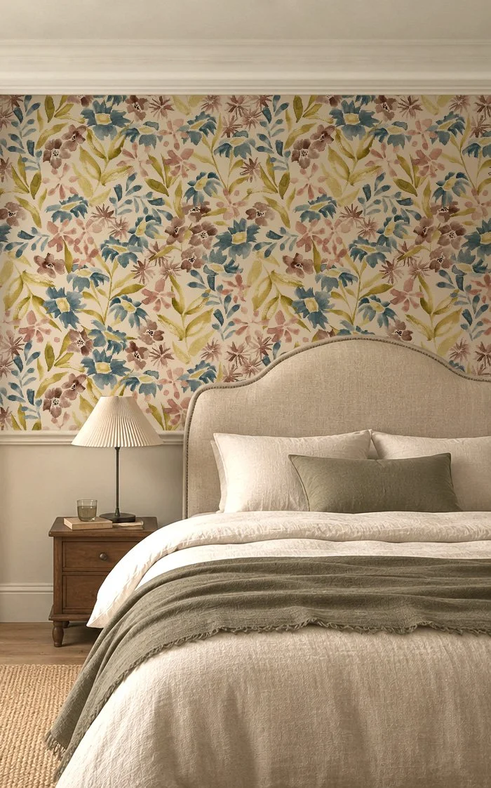 A bedroom with a floral wallpaper, a beige upholstered headboard, white bedding with a gray blanket, a green accent pillow, and a wooden nightstand with a table lamp and a glass.