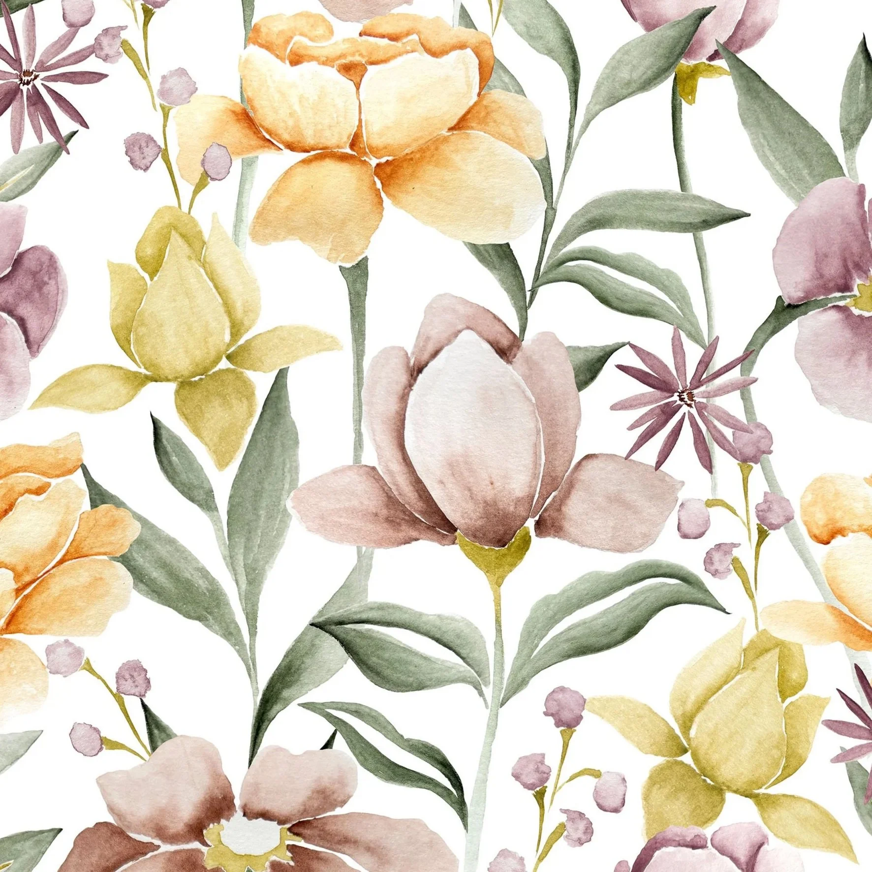 Watercolor floral pattern with soft pink, peach, yellow, and purple flowers and green leaves on a white background.