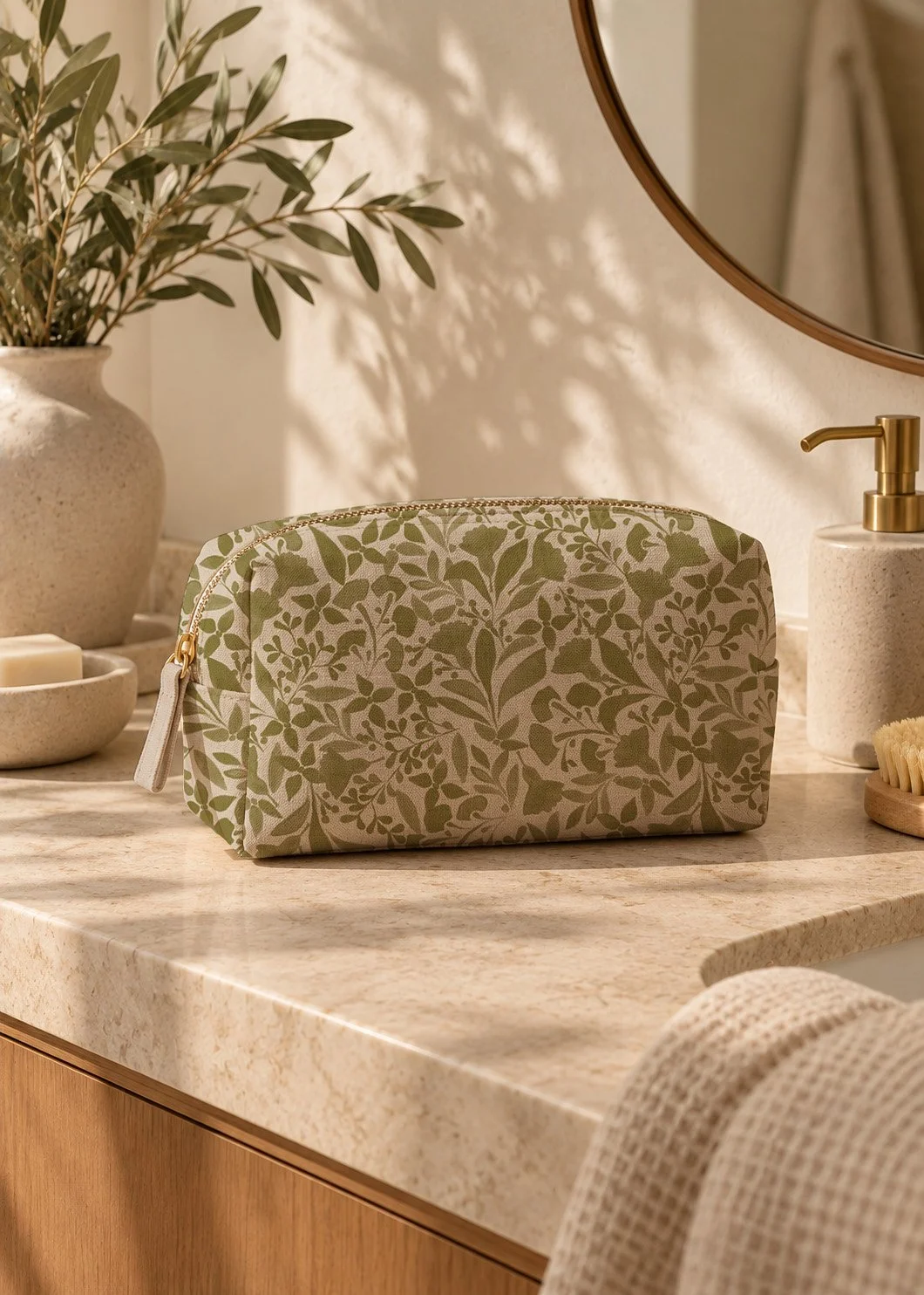 A vanity with a leafy patterned fabric toiletry bag on a beige countertop, surrounded by a potted plant, soap dish, soap, a mirror, and a soap dispenser with a gold pump.