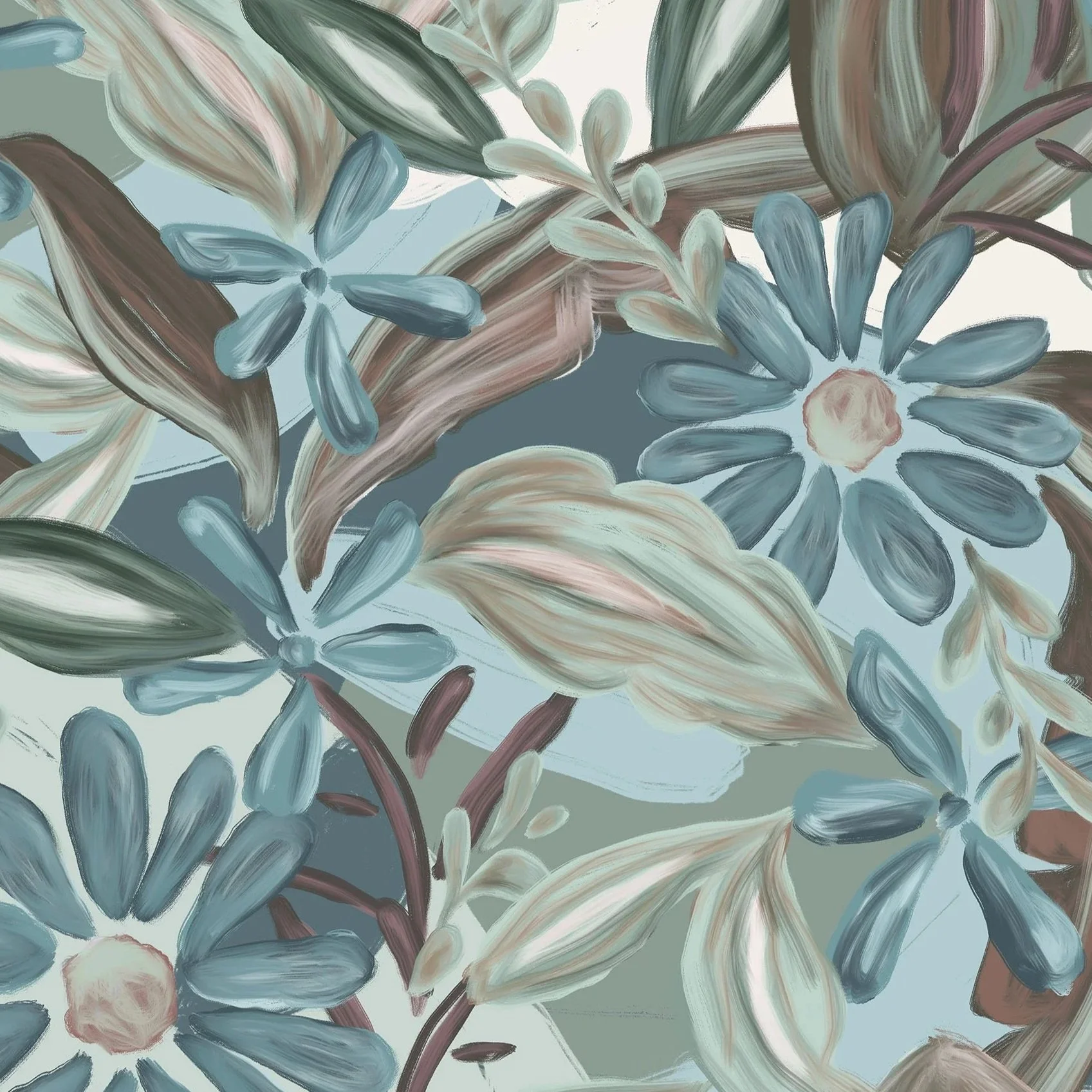 An abstract painting featuring brushstrokes of muted earth tones with hints of blue and green, depicting stylized leaves and flowers.