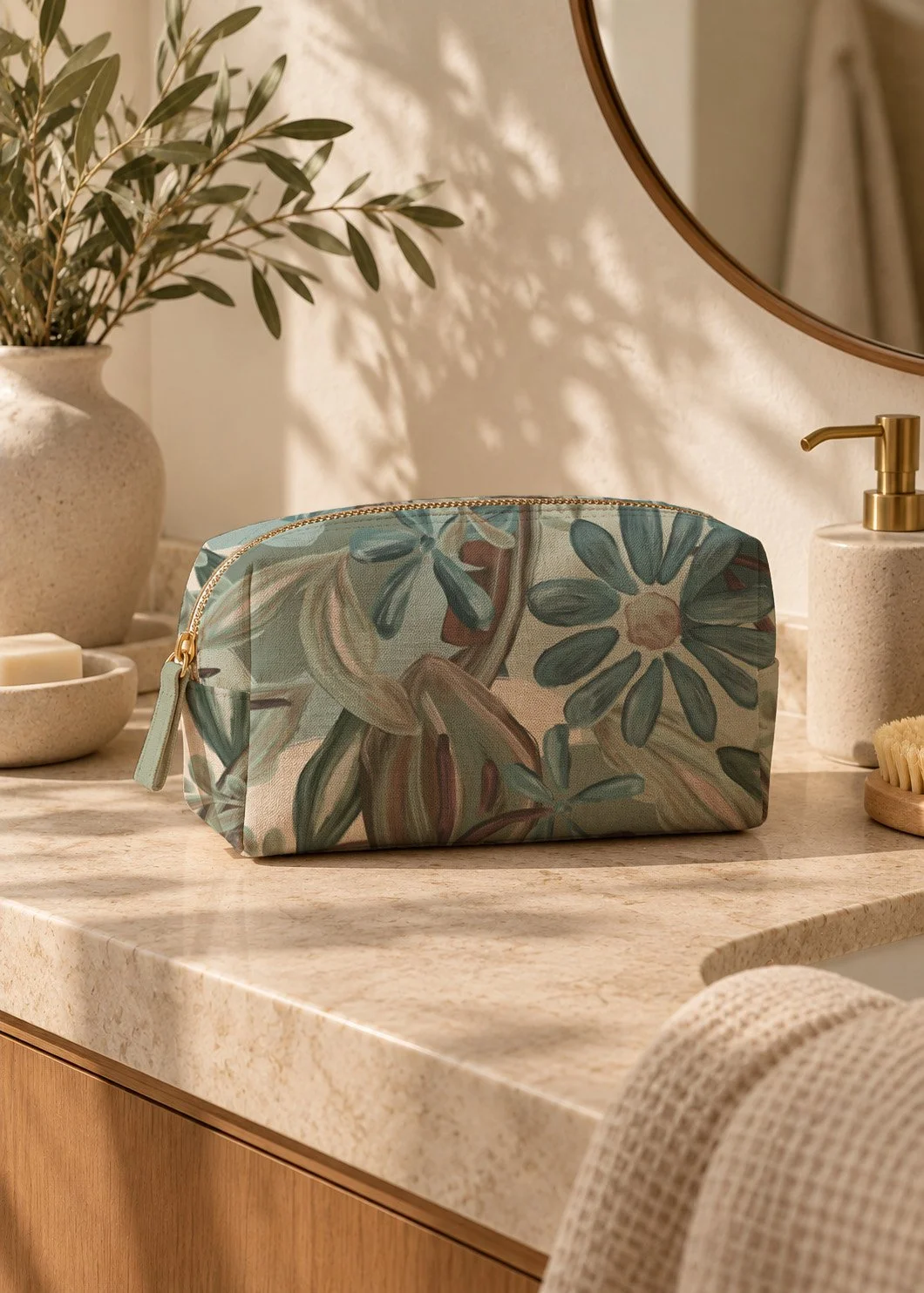 A floral-patterned fabric toiletry bag with a gold zipper sits on a beige marble bathroom counter. In the background, there are beige soap dishes, a soap dispenser with a gold pump, a small dish with a yellow scrub brush, a potted plant, and a round mirror.