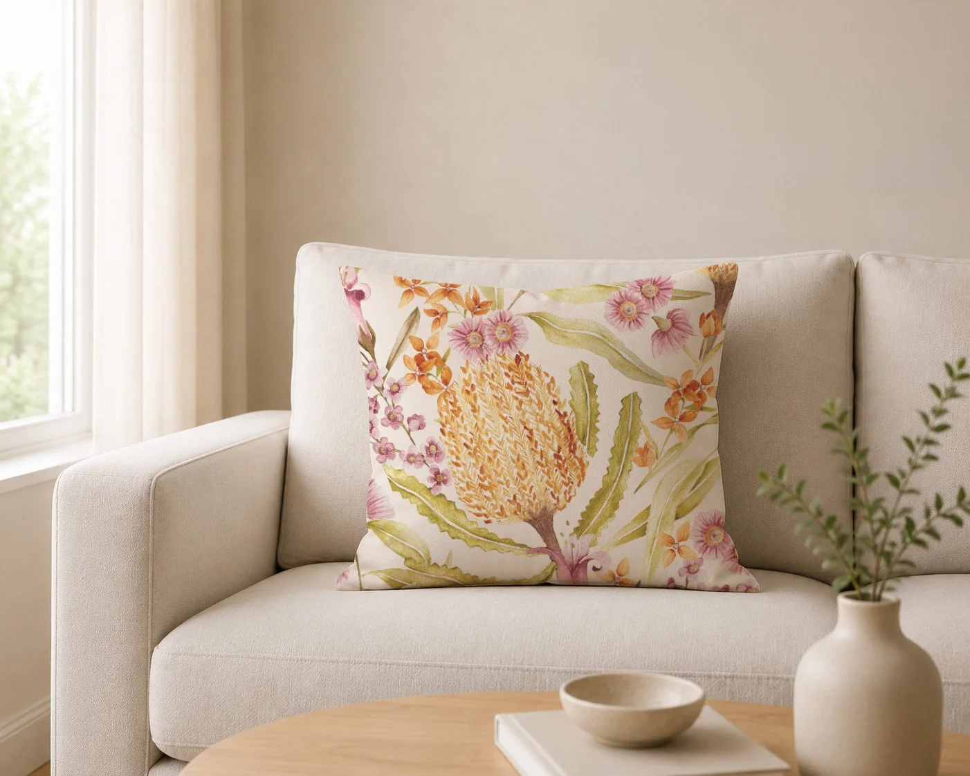 A beige sofa with a floral decorative pillow and a small table with a plant and a book in a bright living room with a window.