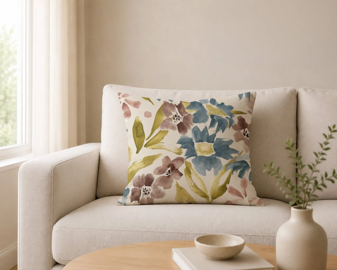 A cream-colored sofa with a floral pillow and a small potted plant on a wooden table next to it, in a bright room with a window.