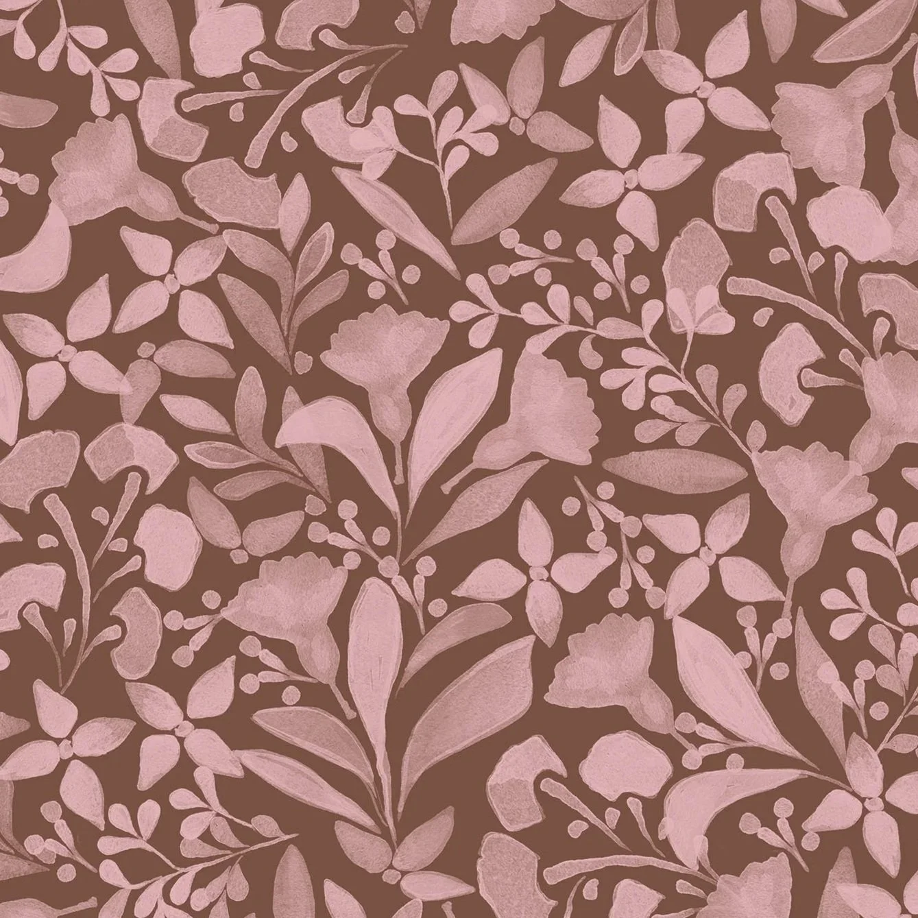 Pink floral pattern on a brown background with various flowers and leaves.