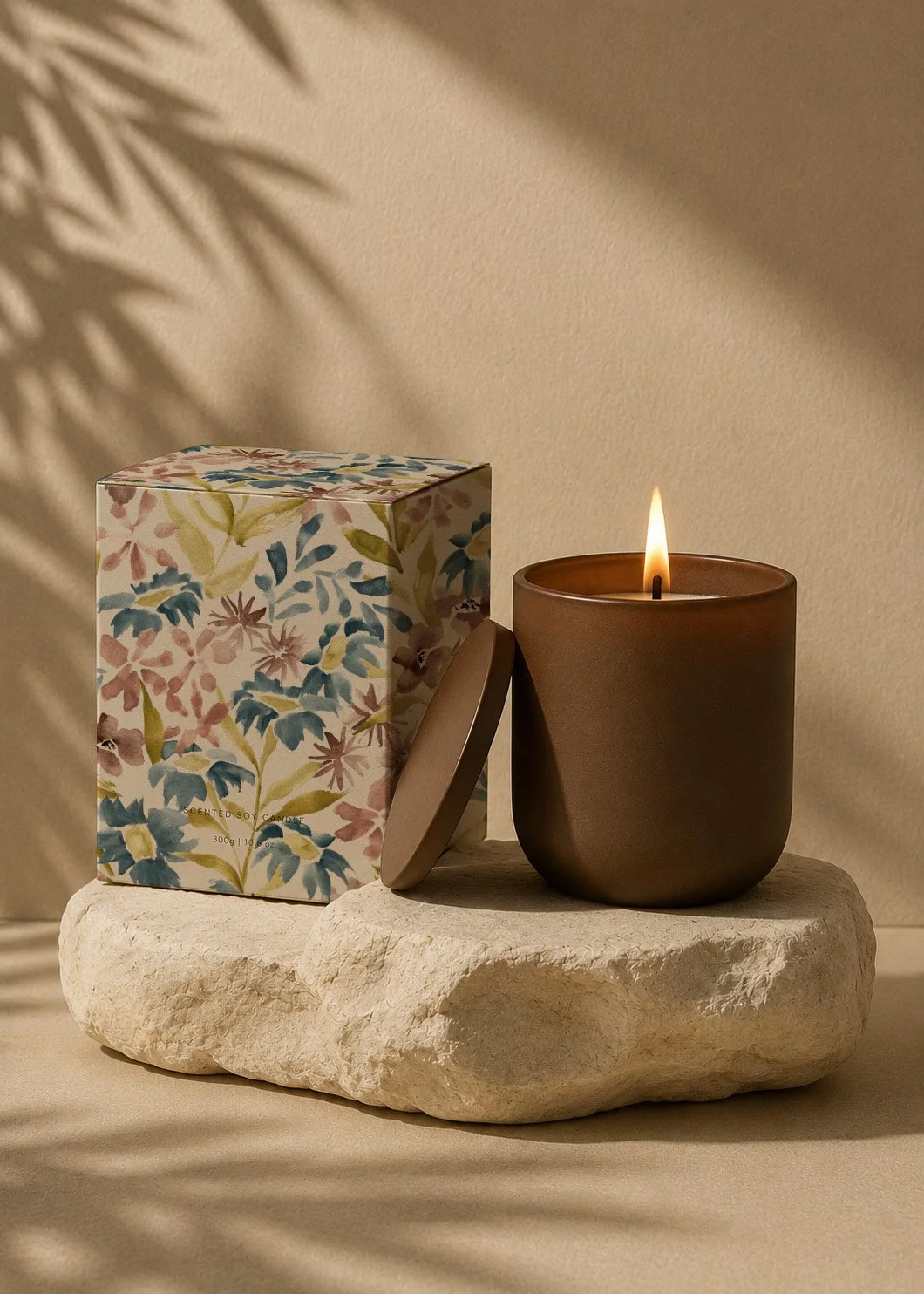 A scented soy candle in a dark brown holder, a decorative box with floral print, and a neutral stone on which they are placed, with soft shadowed lighting.