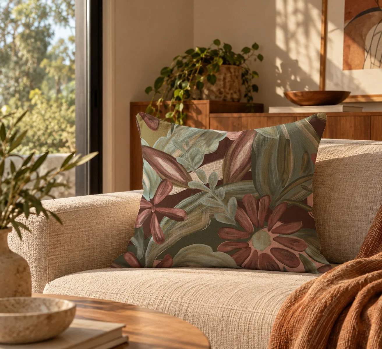A cozy living room with a cream-colored sofa, decorative pillows with botanical prints, a wooden side table, and plants near a large window that lets in natural light.