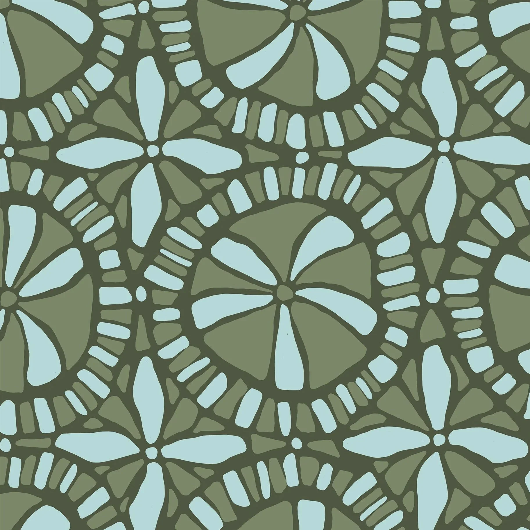 A close-up abstract pattern in muted green and light blue colors, creating interconnected geometric shapes resembling flowers and abstract designs.