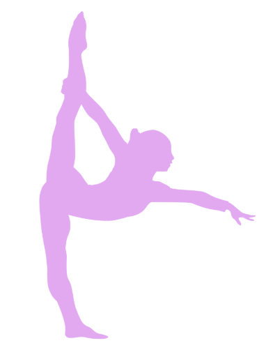 Silhouette of a person performing a gymnastic pose, balancing on one leg with the other leg extended upward and arms reaching in opposite directions, in a light purple color.