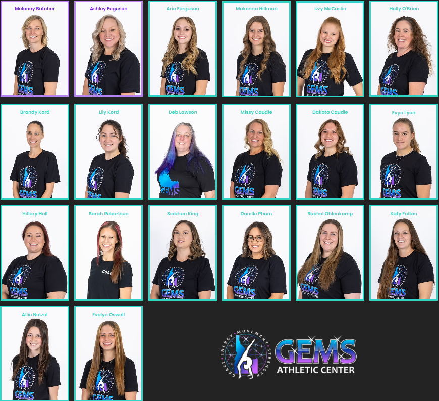Group photo of 20 young women, all wearing black T-shirts with the GEMS Athletic Center logo, arranged in four rows, with their names listed above each row. The background of each individual is plain and they are smiling.